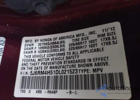 2013 Honda Cr-V Ex from USA, damaged, VIN 5J6RM4H51DL021523